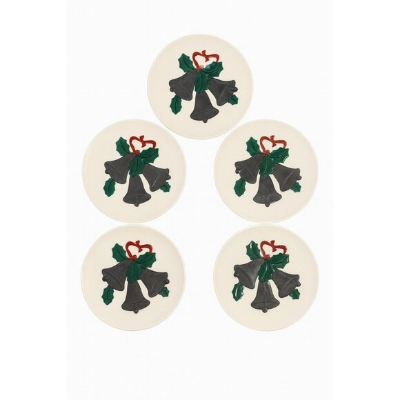 Ceramic Dinner Plates Vintage Handmade Hand-painted 3D Christmas Bells Holly Mal - Picture 2 of 11